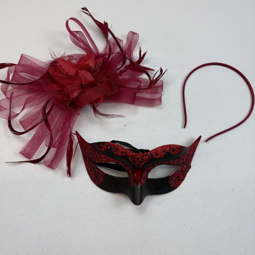Masquerade Mask & Feather Headband Set – Black Red Glitter